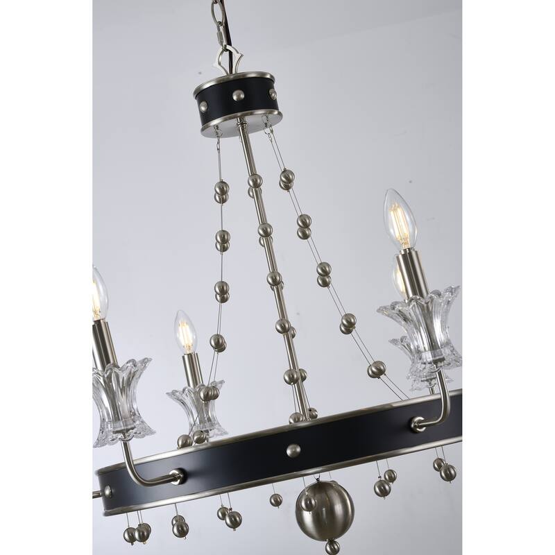 6-Light Satin Nickel And Black Chandelier With Clear Glass Accents