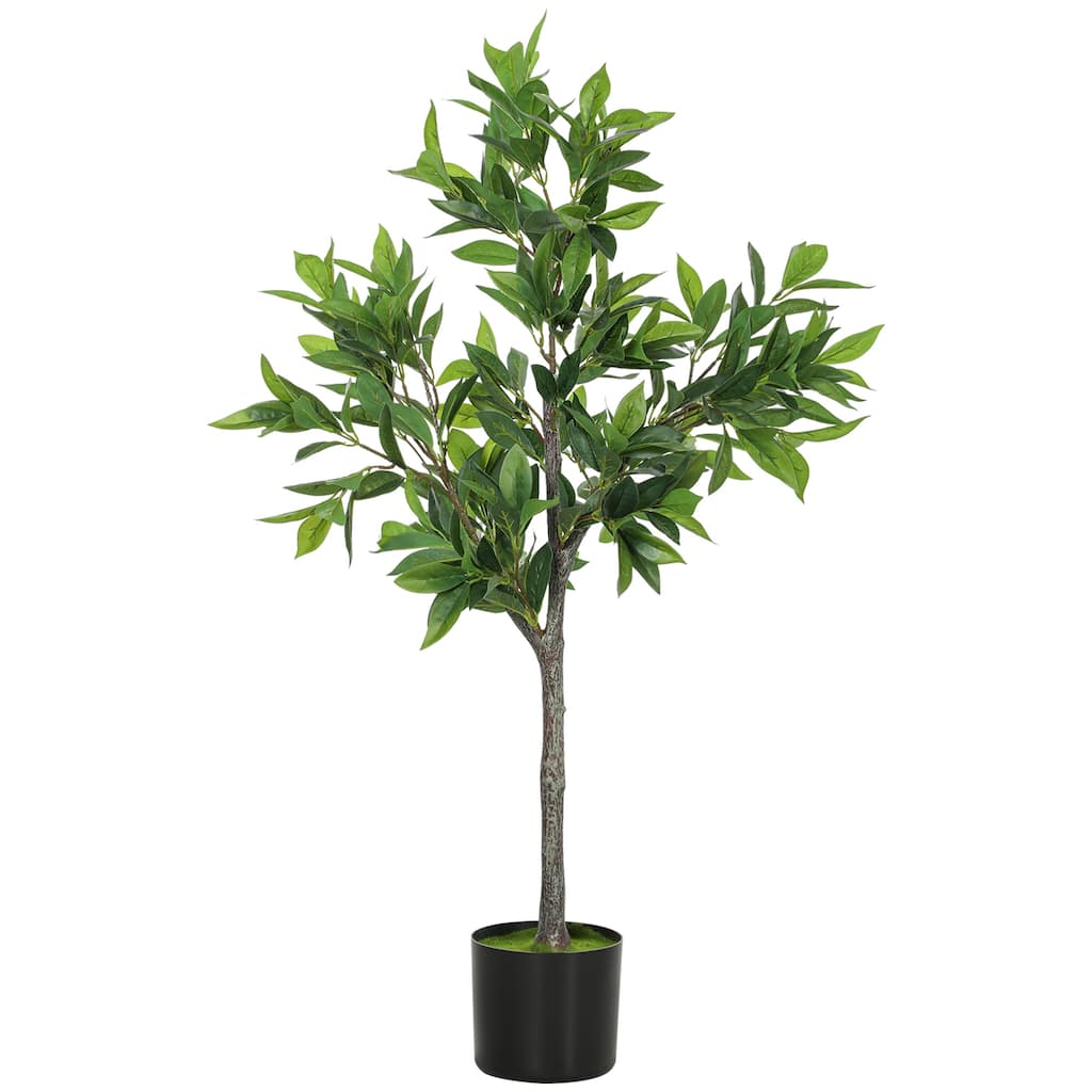 HOMCOM Lifelike Artificial Laurel Tree, 3FT Fake Tree with 345 PEVA Leaves and Flocked Soil, Potted Fake Plant for Home Decor