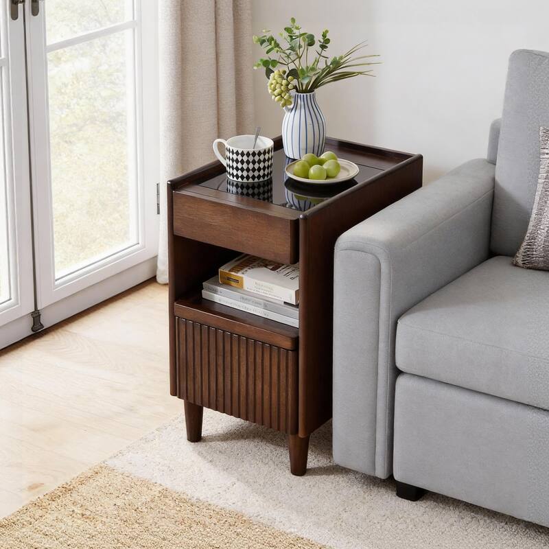 Wooden Bedside Table with 1 Drawer Open Shelves, Wood Board Side Tables Storage Small Narrow Desk Chest of Drawer