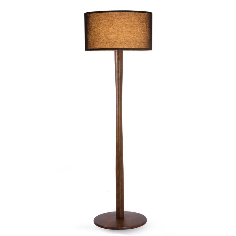 61 in. Retro Standing Floor Lamp with Rubberwood Base and Linen KD Lampshade for Bedroom, Living Room - Black