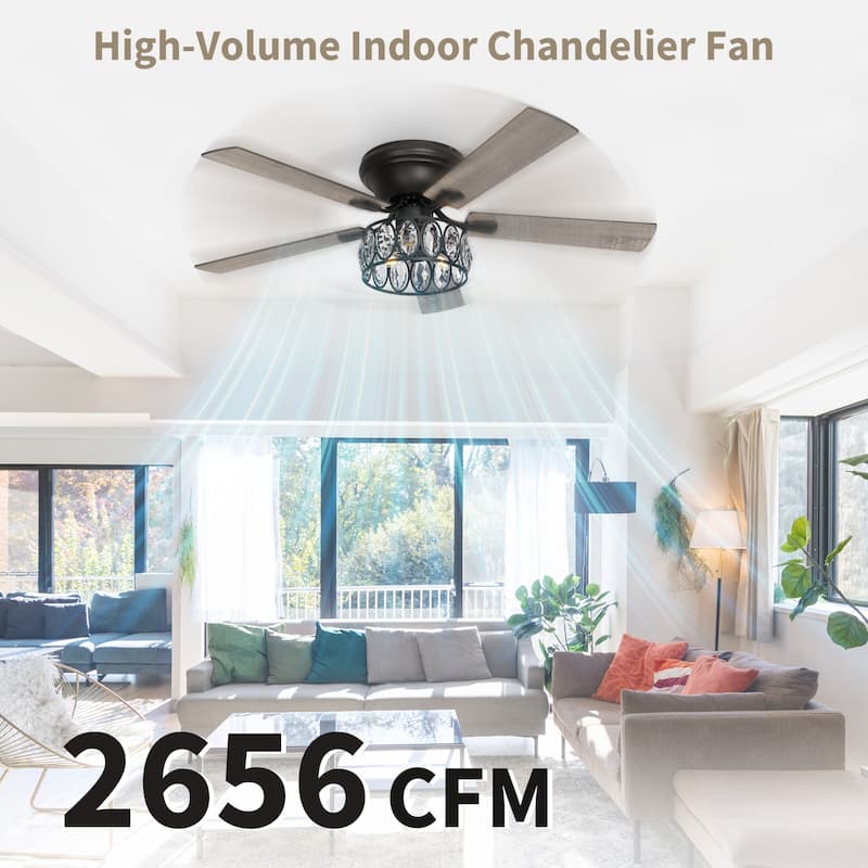 52" Flush Mount 5-Blade Modern Crystal Indoor Ceiling Fan with Light Kit and Remote