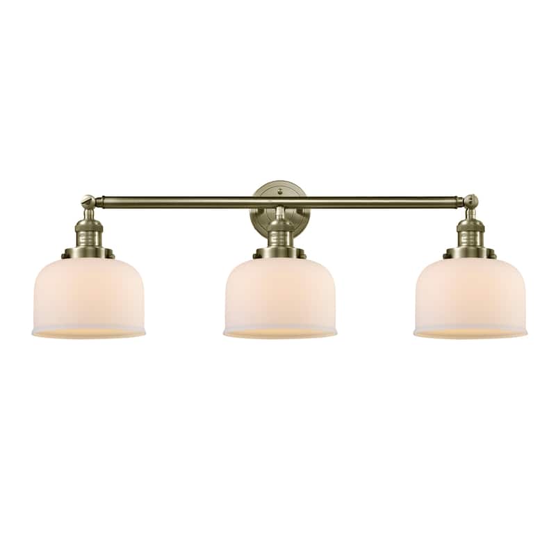 Innovations Lighting Large Bell 3 Light 32" Wide Bathroom Vanity Light - Antique Brass / Matte White