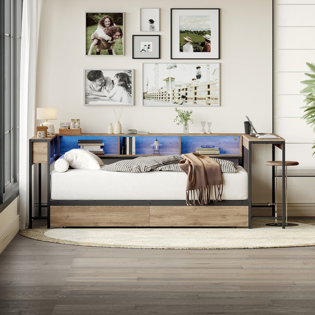 Corner Bed Frame Twin Size with Bookcase and 2 Underbed Storage Drawers, Modern Twin Bed with LED Light and Charging Station