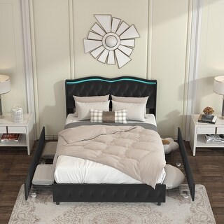 Full Size Velvet Upholstered Platform Bed Frame with LED Decorative ...
