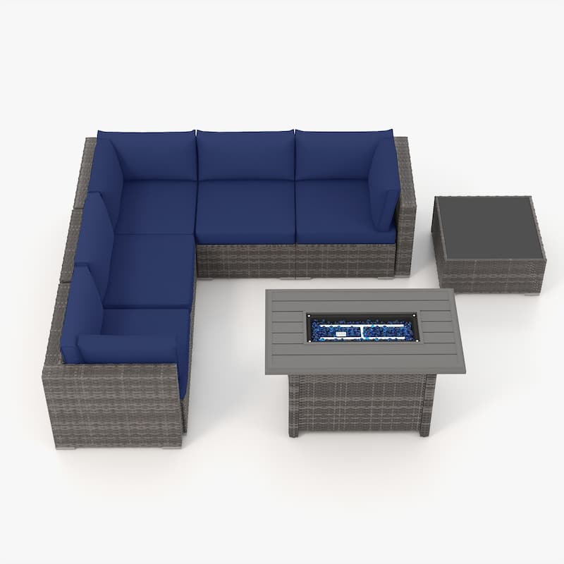 7 Piece Wicker Set Patio Sofa Furniture with Fire Pit And Table