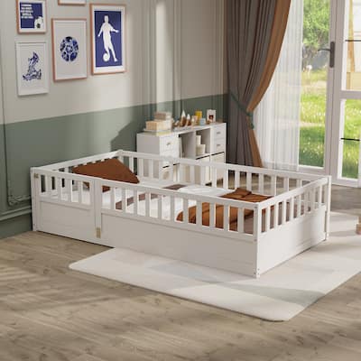 Twin/Full Size Montessori Floor Bed with Fence and Door, Wooden Platform Bed Frame without Slats