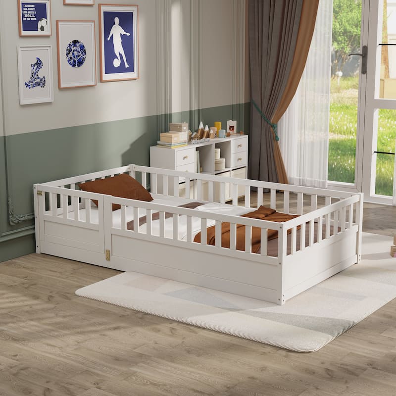 Twin Size Pine Wood Floor Bed, Integral Construction with Super High Security Barrier, Door, Children's Floor Bed Frame