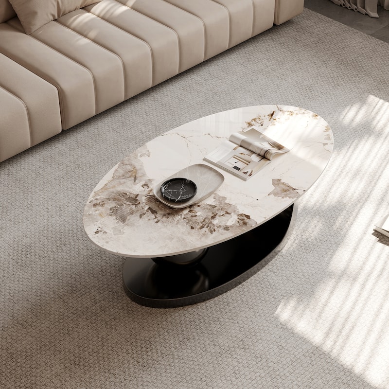 51" Modern Pandora Oval Coffee Table with Glossy Sintered stone top, Luxury Coffee Table, Stainless Steel Legs for Livingroom