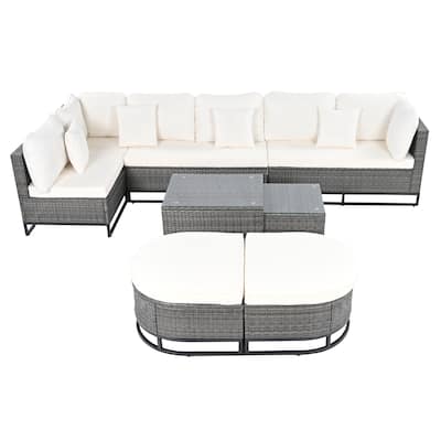 7 Piece Large Size Outdoor Wicker Conversation Set, Free Combination, All Weather PE Rattan Sectional Sofa with 2 Coffee Table