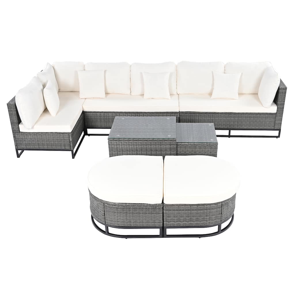 7 Piece Large Size Outdoor Wicker Conversation Set, Free Combination, All Weather PE Rattan Sectional Sofa with 2 Coffee Table