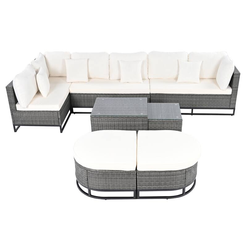 7-Piece Outdoor Wicker Sectional Sofa Set, All-Weather Patio Rattan Furniture Set with Coffee Table and Pillows