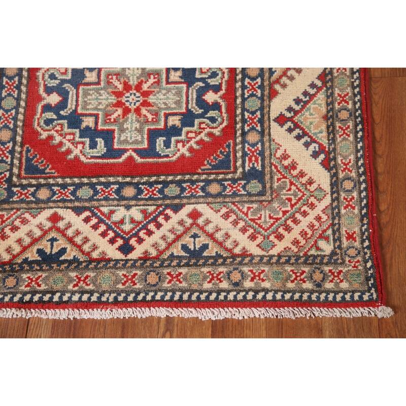 Geometric Red Kazak Runner Rug Handmade Oriental Wool Carpet - 2'9" x 10'8"