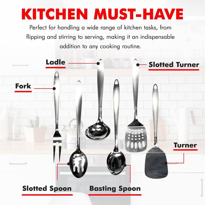 Chef Craft 6pc Stainless Steel Kitchen Cooking Tool Set - Solid Turner, Slotted Turner, Basting Spoon, Slotted Spoon,...