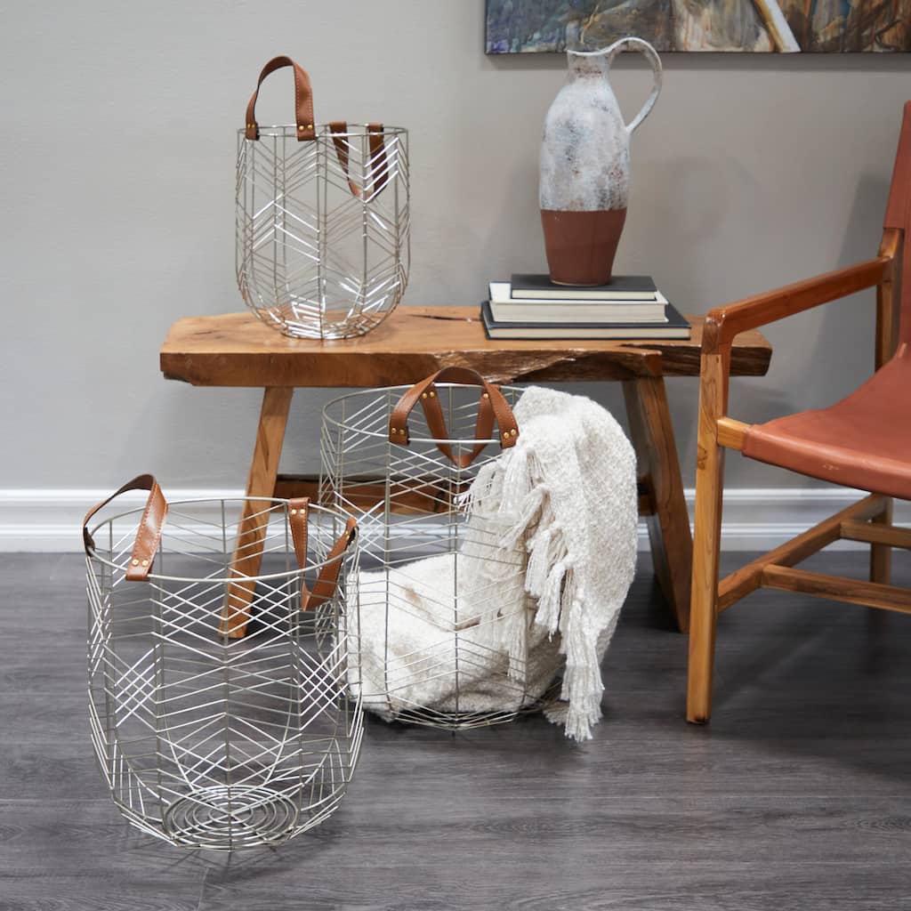 CosmoLiving by Cosmopolitan Metal Storage Basket with Faux Leather Handles (Set of 3) - Silver or Gold