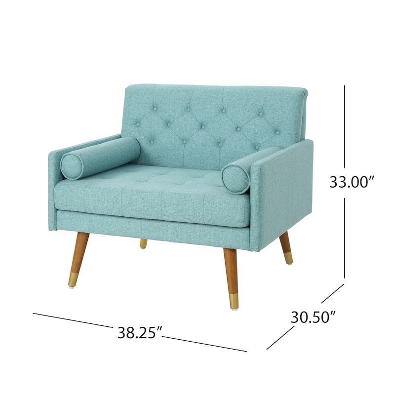 Modern 38.25" Upholstered Button Tufted Club Chair with Bolster Pillows and Rubber Wood Legs
