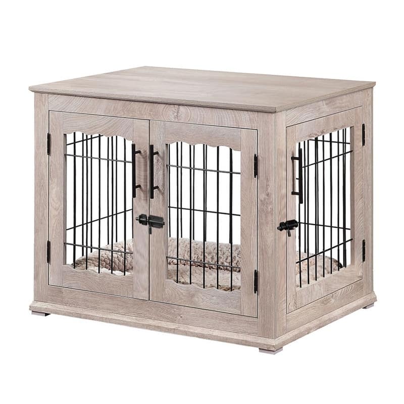 unipaws Pet Crate End Table, Double Doors Dog Kennel with Pet Bed - Medium (31.89''W x 23.03''D x 26.38''H) - Weathered Grey