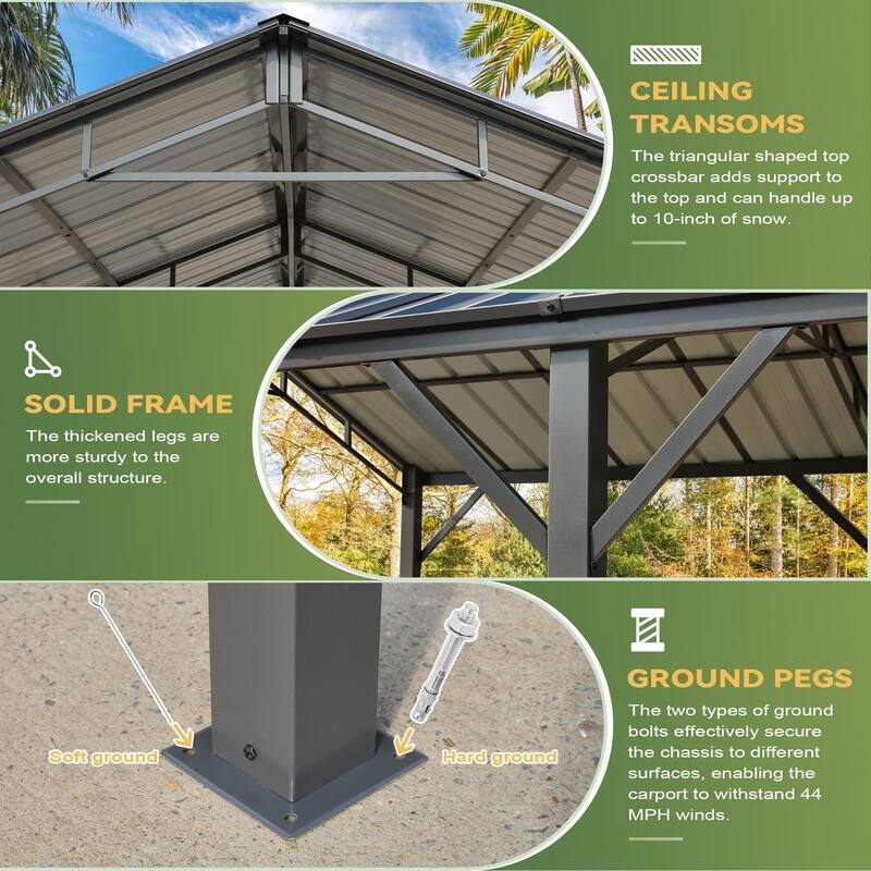 EROMMY Outdoor Carport with Galvanized Steel Roof, Heavy-Duty All-Weather Shelter for Cars, Boats and Equipment