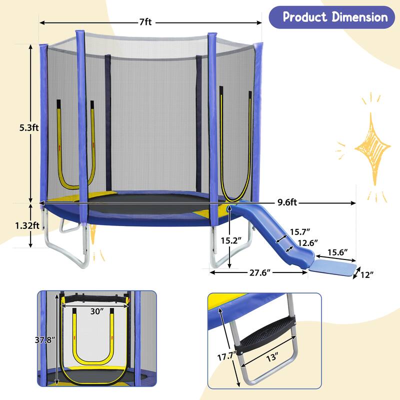7FT Trampoline with Safety Enclosure Net, Slide and Ladder, Easy Assembly ,Regular Hexagon Outdoor Recreational Trampoline