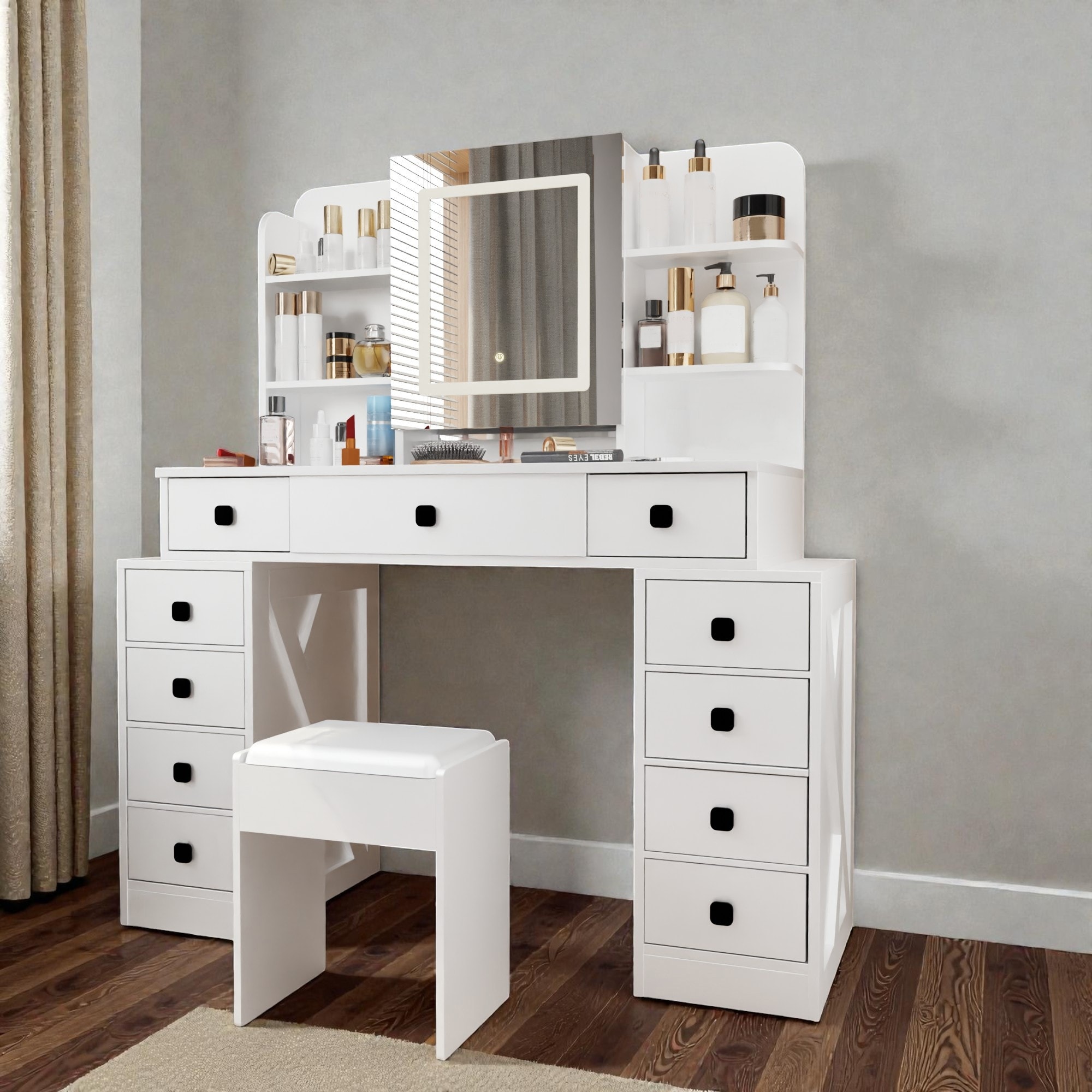 Makeup Vanity Desk with Sliding Lighted Mirror, Charging Station, Large Storage Drawers and Cushioned Stool Set
