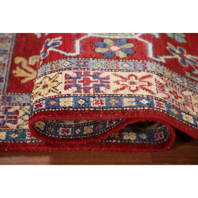 Geometric Red Kazak Oriental Rug Handmade Traditional Wool Carpet - 3'4"x 5'3"