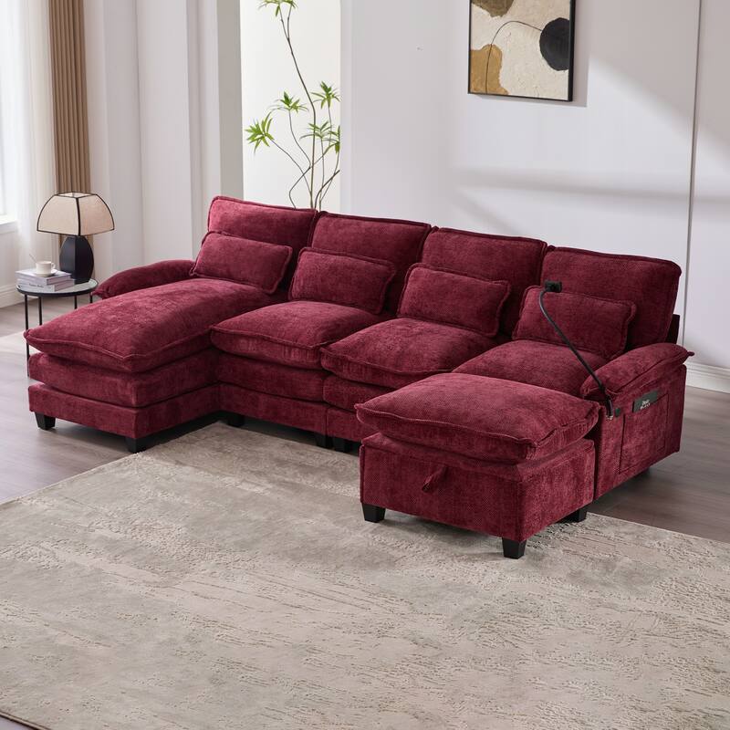 HOMEFUN Chenille Upholstered Oversized U-shaped Comfy Modular Sectional Sofa with Storage Ottoman - Wine Red