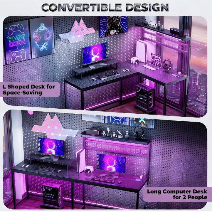 Gaming Desk with Monitor Stand and CPU Shelf,L Shaped Gaming Desk with Power Outlets & LED Lights