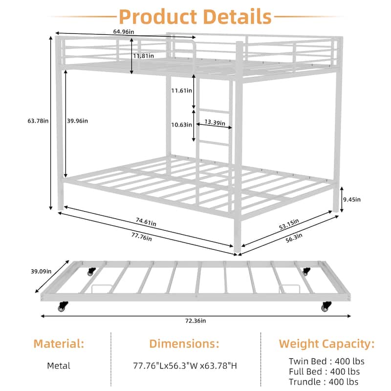 Full Size Metal Bunk Bed with Trundle, Safety Rails, Easy Assembly, Ideal for Kids and Guest Rooms