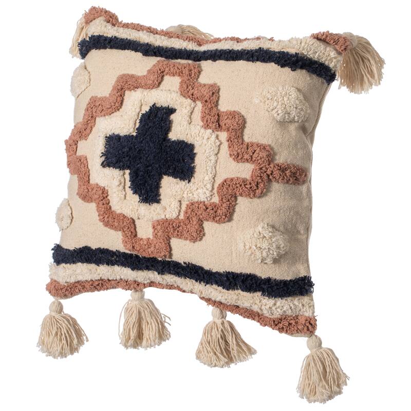 16" Handwoven Cotton Throw Pillow Cover Tufted designs Side Tassels - Border