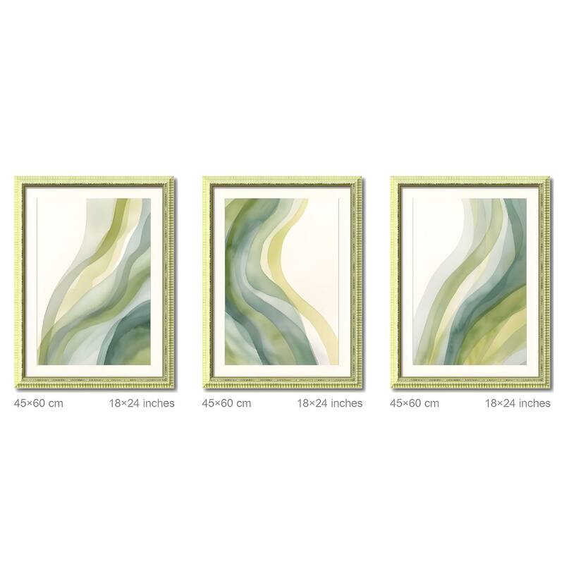 Set of 3 Abstract Green Framed Wall Art - Replaceable Canvas Prints with Solid Wood Picture Frames, Modern Wall Decor