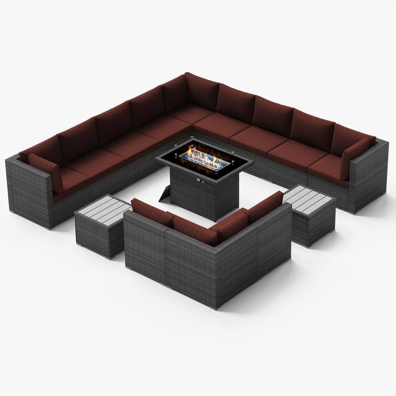FINCATI 15-Piece Grey Wicker Patio Conversation Set with 43" Fire Pit - Red
