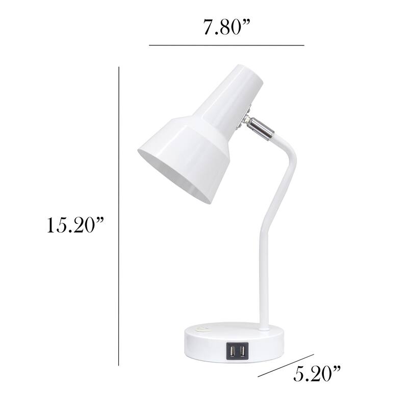Modern Metal Gooseneck Desk Lamp with Dual USB Charging Ports Adjustable Arm Multiple Colors - 7.8" (L) x 5.2" (W) x 15.2" (H)