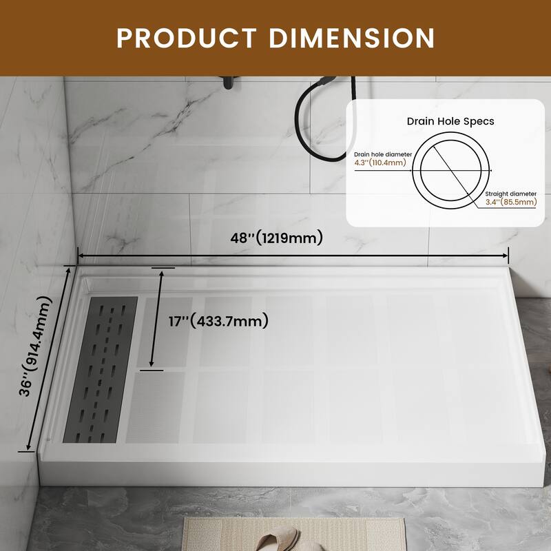 48 in. x 36 in. Elegant White Single Threshold Anti-slip SMC Rectangular Shower Base with Drain and Stainless Steel Drain Cover
