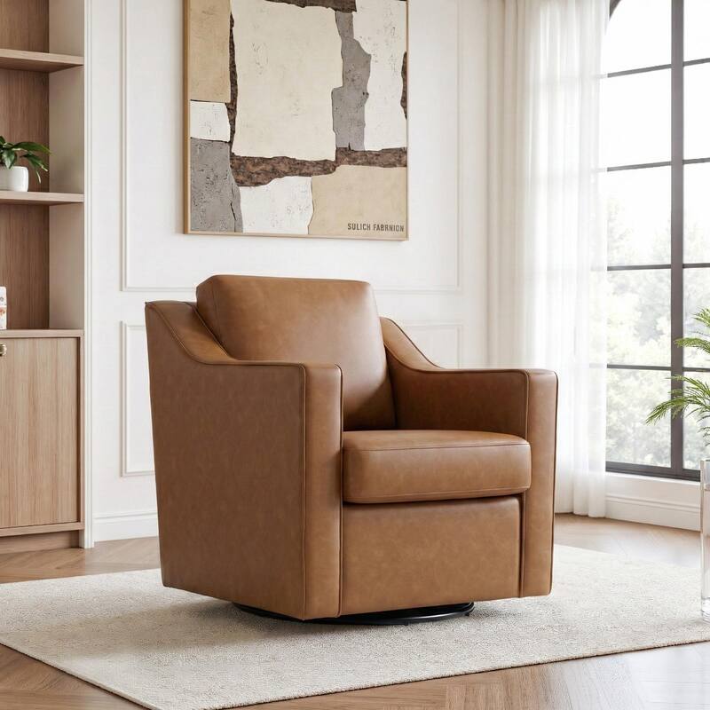 UIXE Chenille/Leather Swivel Barrel Chair Accent Chairs For Living Room - Faux Leather - Brown