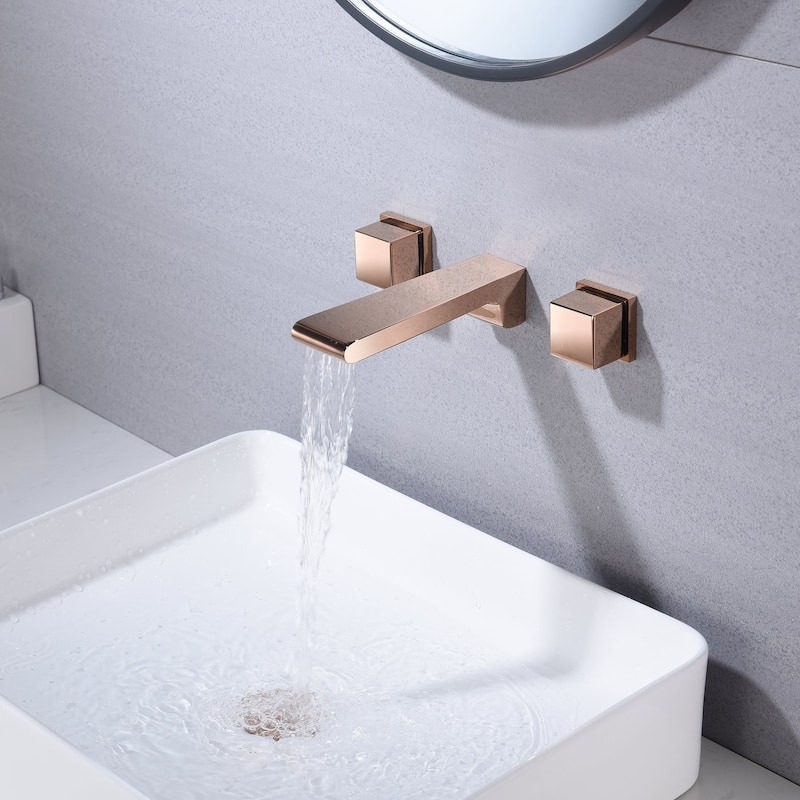 waterfall Rose gold wall mount Dual Handle Bathroom Sink Faucets with Brass Pop up Overflow Drain - 5' x 11'