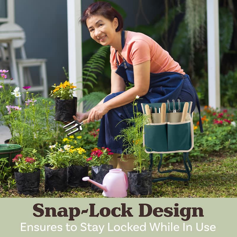 Garden Kneeler and Seat - Kneeling Pad Garden Stool with Tool Pouches by Pure Garden (Green)