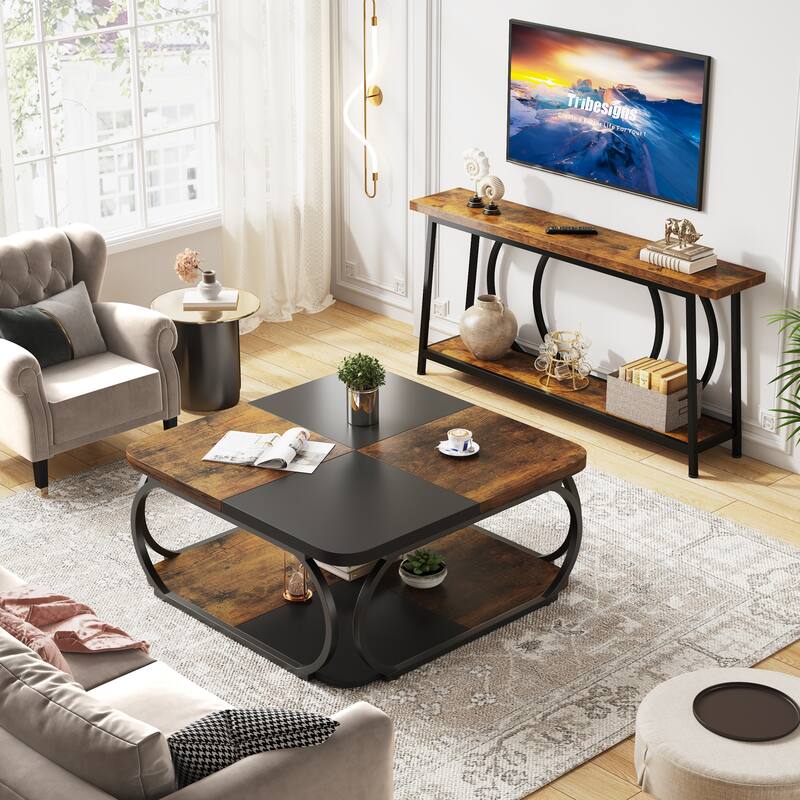 2-tier Square Coffee Table with Curved Metal Frame for Living Room