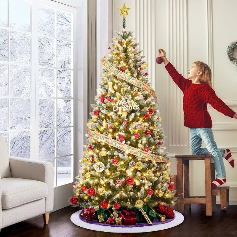 Christmas Tree, Pre-Lit 4.5 Ft Artificial Pine with LED Lights, Hinged Holiday Tree with Foldable Metal Base for Home - 9 Foot - Green