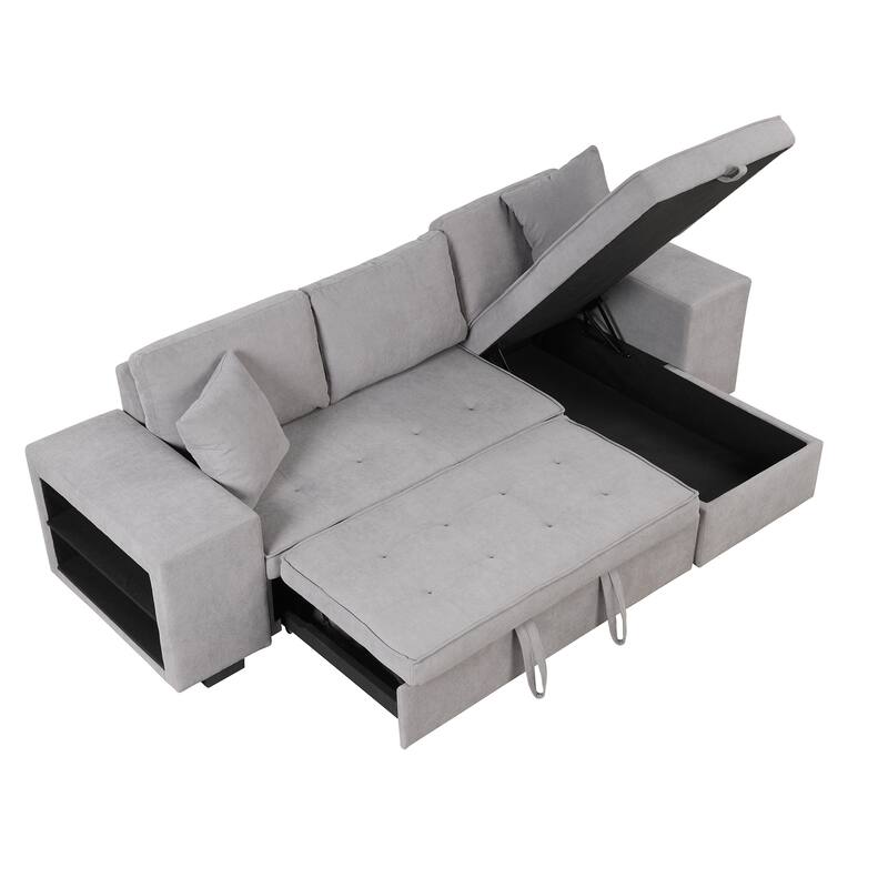 Modern L-Shape 3 Seat Reversible Sectional Couch, Pull Out Sleeper Sofa with Storage Chaise and 2 Stools