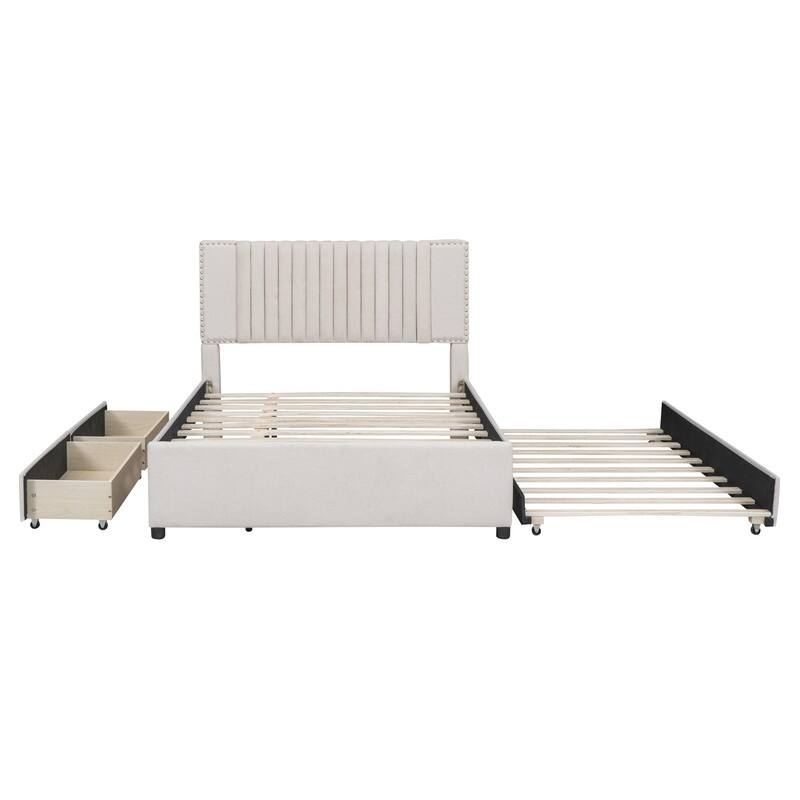 Linen Upholstered Platform Bed with 2 Drawers and Trundle,Queen/Full Size