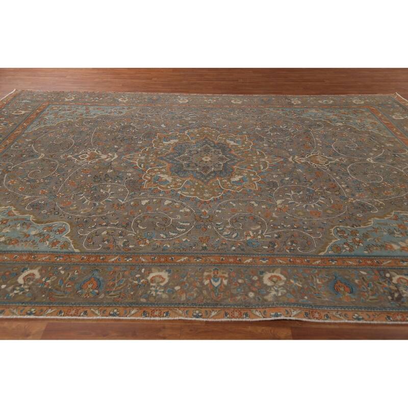 Gray Tabriz Persian Vintage Area Rug Handmade Wool Carpet - 9'10"x 13'1"