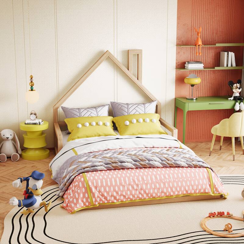 Full Size Wood Floor Bed with House-shaped Headboard