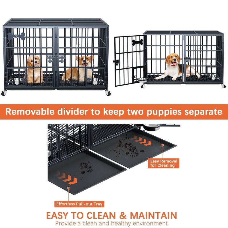 Heavy Duty Dog Crate with Wheels Escape Proof Metal Kennel Lockable Wheels Slide Out Tray