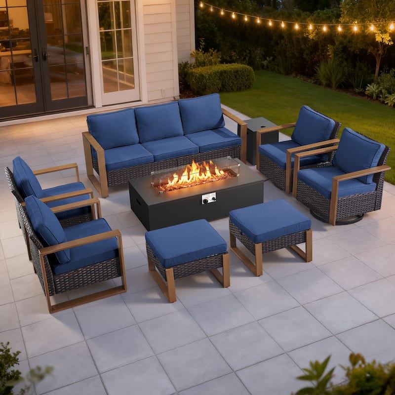 Meyreso Wicker Outdoor Patio Fire Pit Set with Swivel Gliders and 4.5-Inch Olefin Cushions - Brown / Navy Cushions - 8-Piece