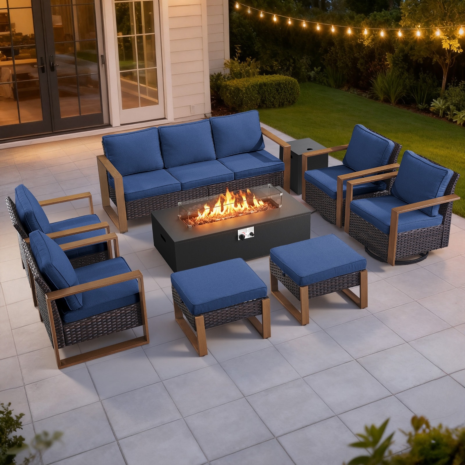 Meyreso Wicker Outdoor Patio Fire Pit Set with Swivel Gliders and 4.5-Inch Olefin Cushions