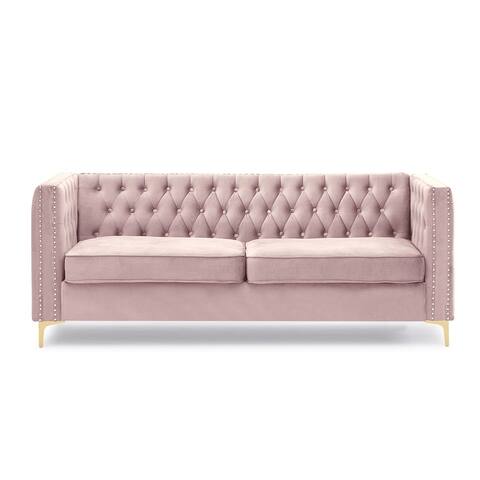 Three-Seat Sofa Velvet with Nail Head Gold Metal Feet Solid Wood