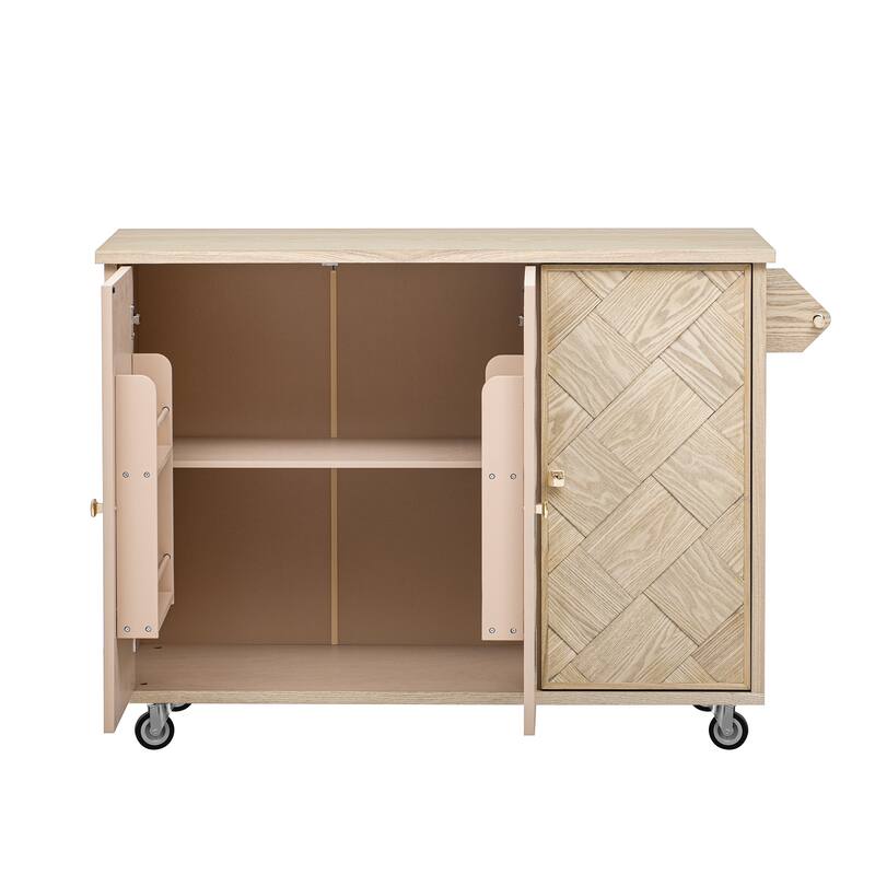 Solid Wood Handwoven Kitchen Island, Kitchen Island Cart on Wheels, Rolling Island Cart with Drop Leaf & Internal Storage Rack