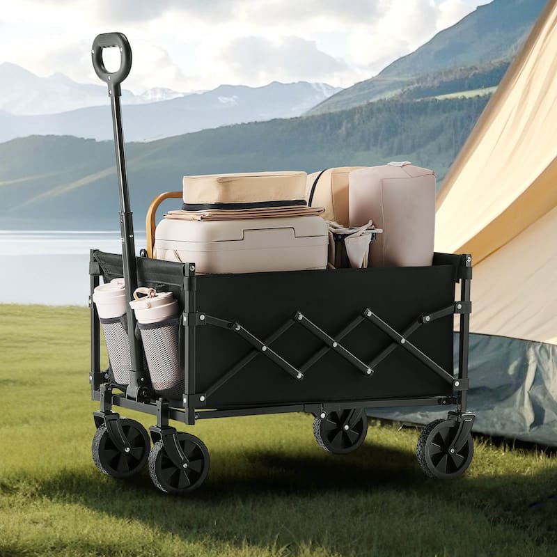 Black Steel Folding Wagon Cart with 300D Oxford Cloth, 225 lbs Capacity and PVC Wheels - 25.98 in x 17.72 in x 18.11 in