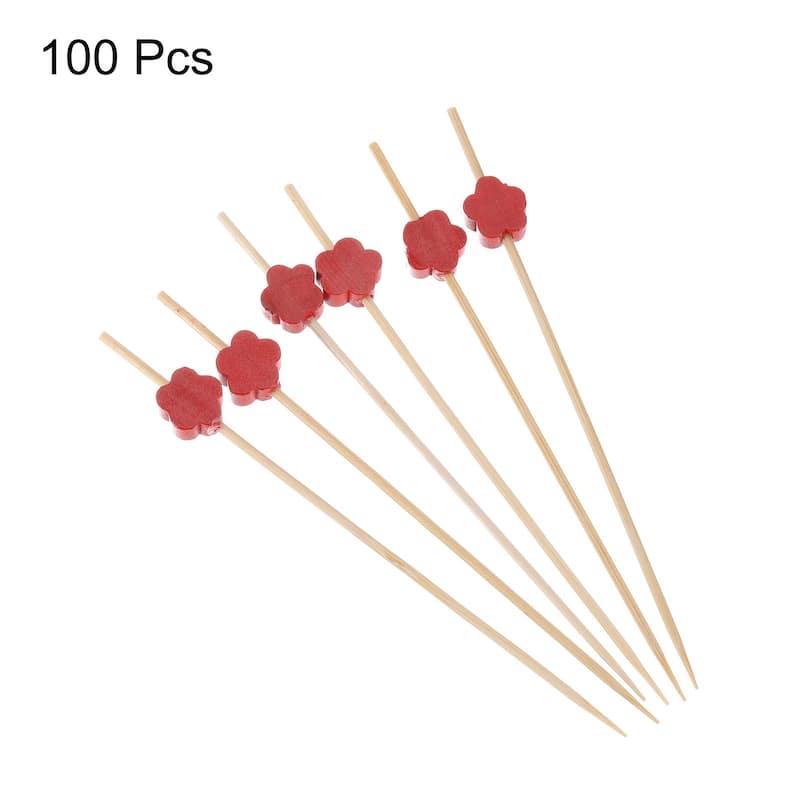Bamboo Cocktail Toothpicks Red Flower Drink Picks Skewer 100Pcs - 4.72"