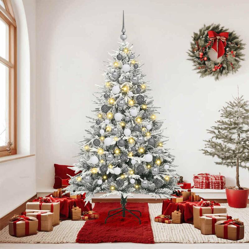 vidaXL Artificial Christmas Tree LED&Ball Set&Flocked Snow Decoration PVC&PE - White and sliver