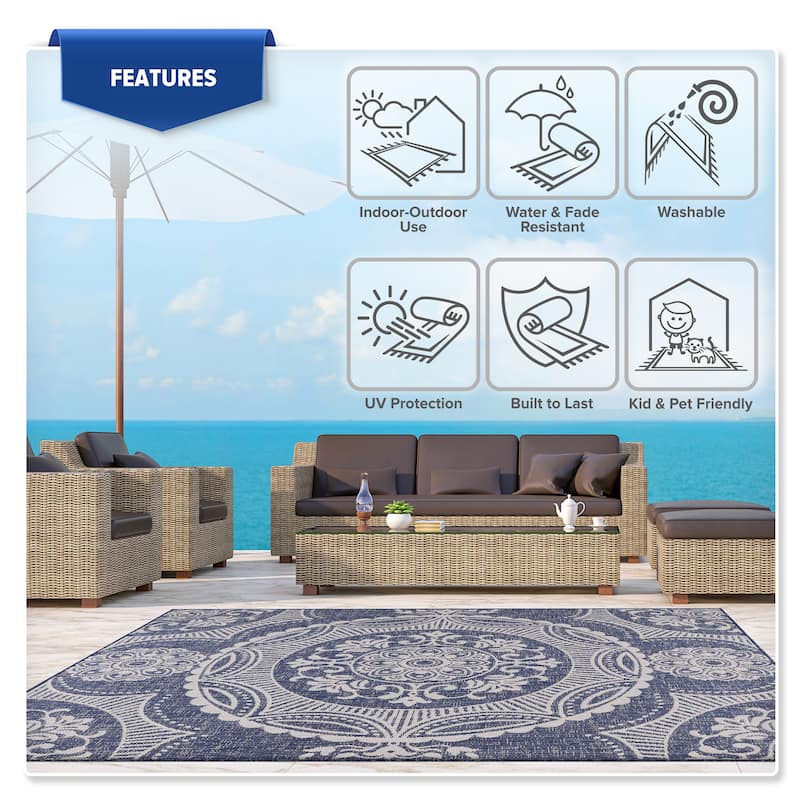 Beverly Rug Blue Medallion Indoor Outdoor Rug, Outside Carpet for Patio, Deck, Porch